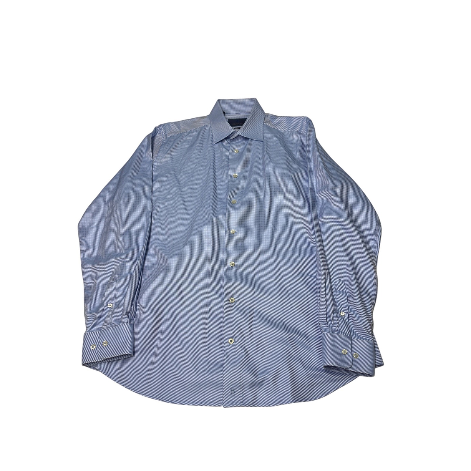 David Donahue Trim Fit Blue White Micro Stripe Dress Shirt Mens 17 36/37 Cotton
